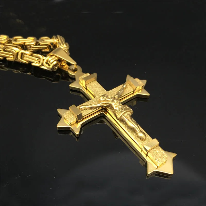 361L Stainless Steel Gold Color Crystal Jesus Cross Pendant Necklaces 5mm Heavy Link Byzantine Chain Men Necklace