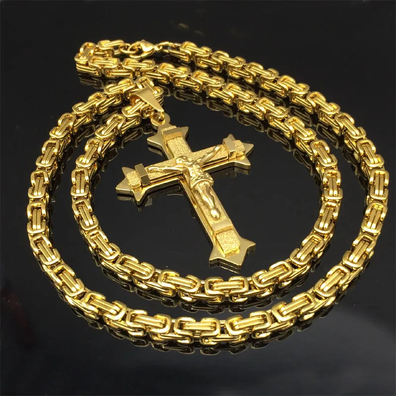 361L Stainless Steel Gold Color Crystal Jesus Cross Pendant Necklaces 5mm Heavy Link Byzantine Chain Men Necklace