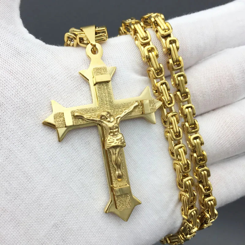 361L Stainless Steel Gold Color Crystal Jesus Cross Pendant Necklaces 5mm Heavy Link Byzantine Chain Men Necklace