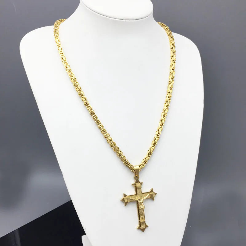 361L Stainless Steel Gold Color Crystal Jesus Cross Pendant Necklaces 5mm Heavy Link Byzantine Chain Men Necklace