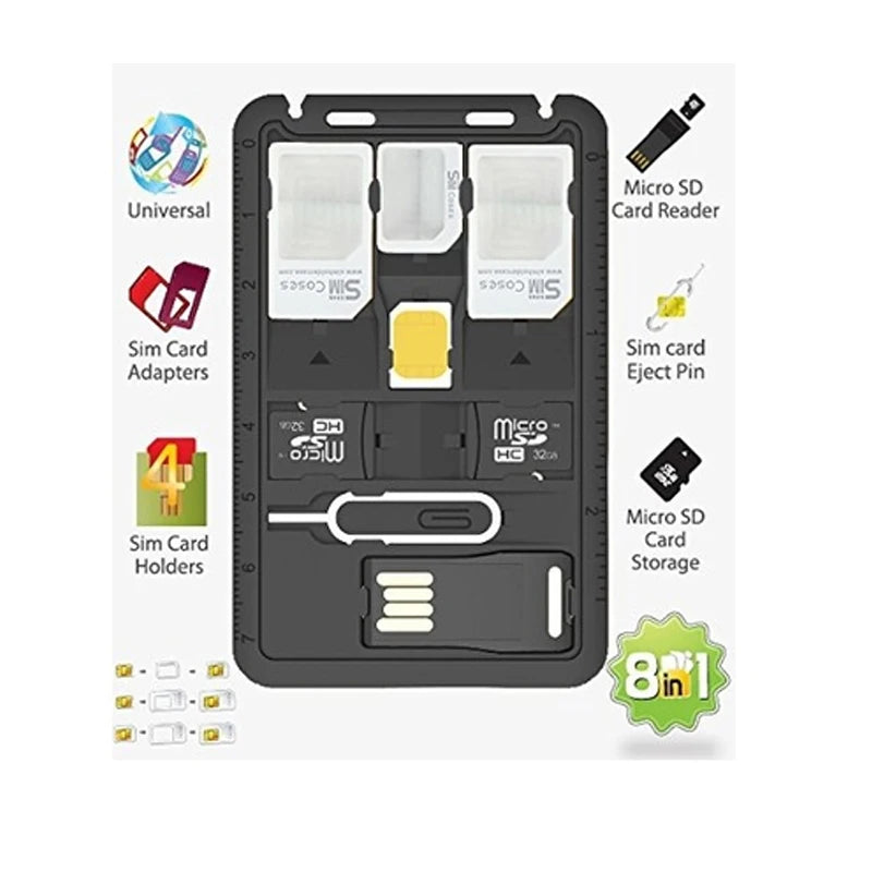 All in One Credit Card Size Slim SIM Adapter kit with TF Card Reader & SIM Card Tray Eject Pin, SIM Card Holder