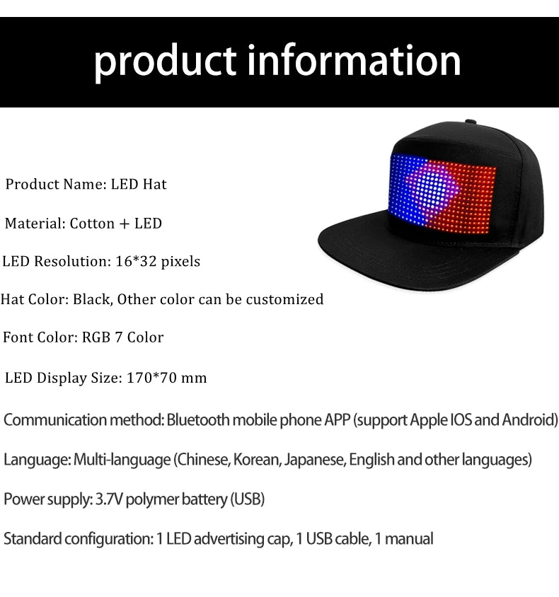 RGB Color Scrolling Message LED Cap with APP Programmable LED Screen USB Rechargeable LED Baseball Cap Luminous Party Light Hat