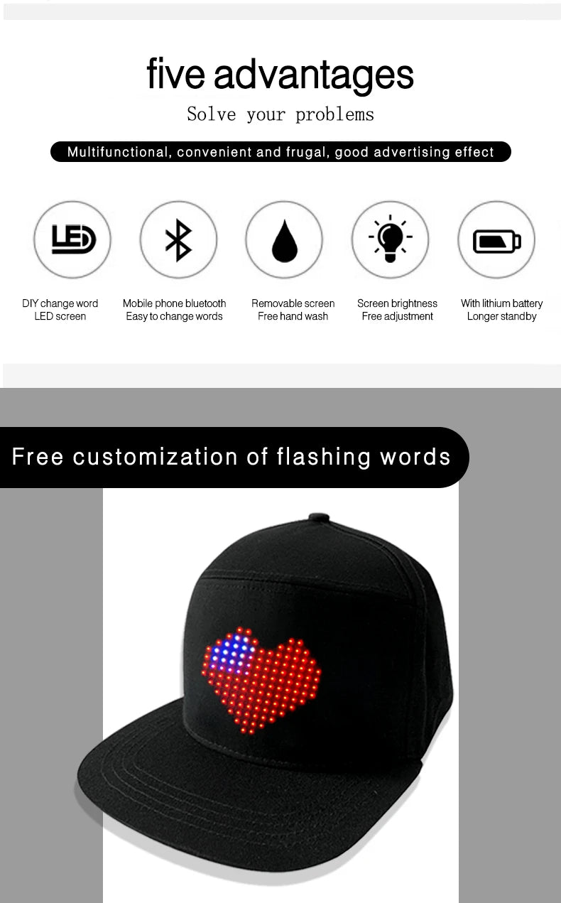 RGB Color Scrolling Message LED Cap with APP Programmable LED Screen USB Rechargeable LED Baseball Cap Luminous Party Light Hat