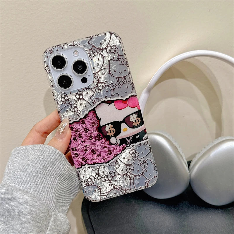 Hello Kitty Money Sunglasses KT Cat Strap Phone Case For iPhone 16 15 14 12 13 11 Pro Max XR XS MAX 7 8 PLUS MINI Y2K Girl Cover